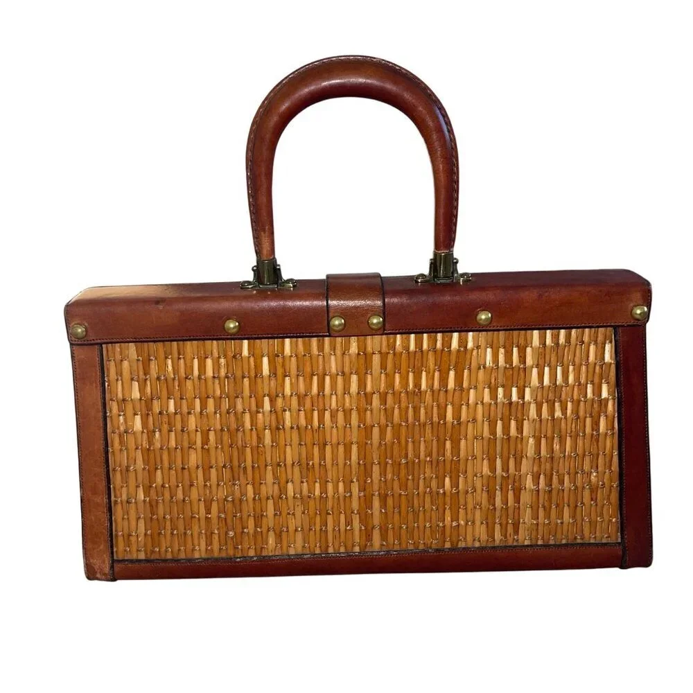 Etienne Aigner Vintage Womens Hand Bag Brown Leather Woven Rattan Satchel Purse